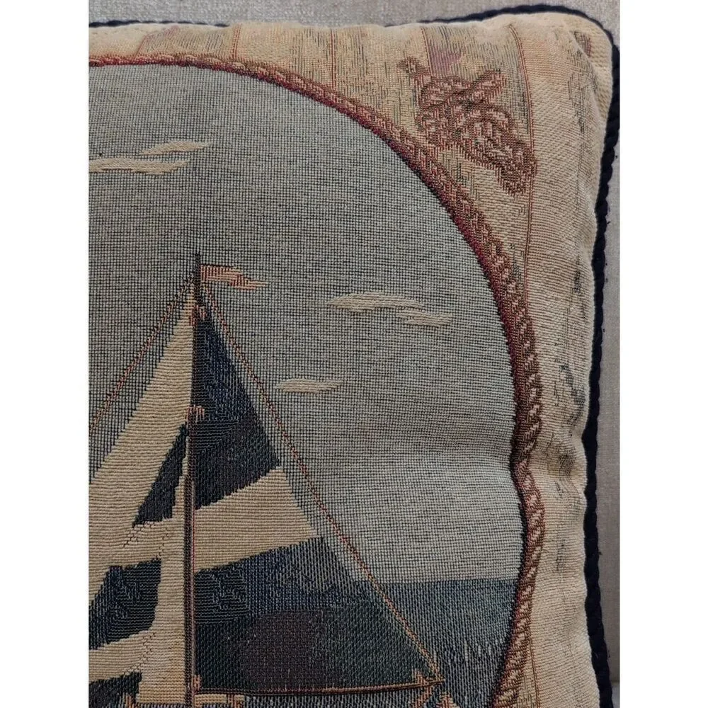 Nautical Tapestry Accent Pillow Vintage Lighthouse Sailboat Decor